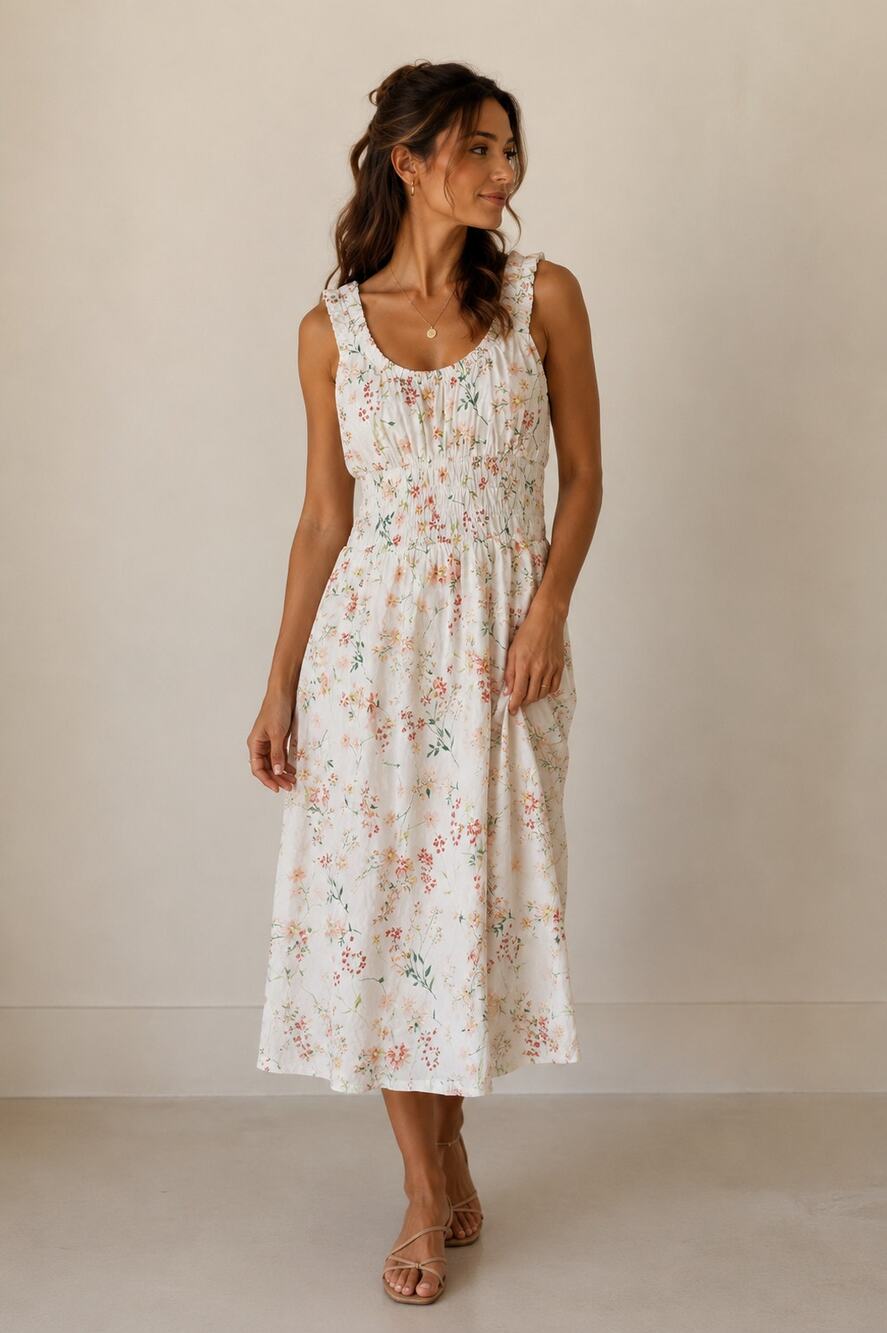 LOFT White Floral 100% Cotton Print Smocked Waist Cotton Maxi Dress in Women's